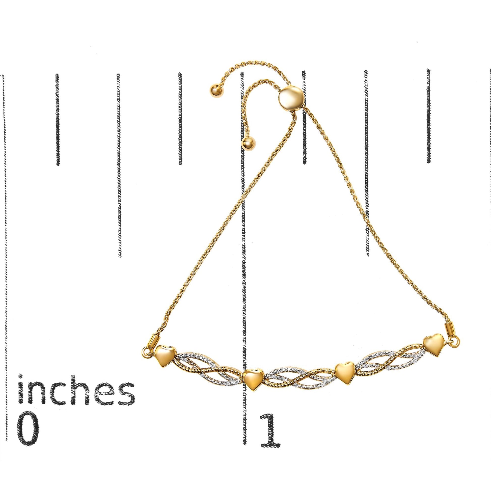 14K Yellow Gold Plated .925 Sterling Silver 1/10 Cttw Diamond Wave and Hearts Bolo Bracelet (I-J Color, I2-I3 Clarity) - 4"-10" Adjustable-4