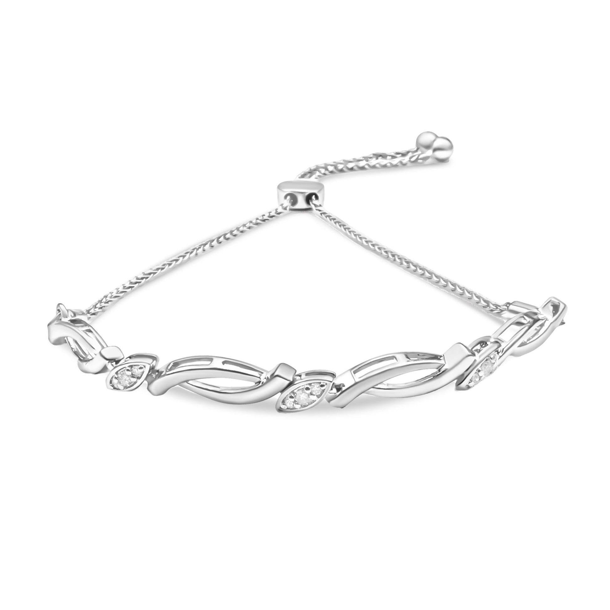 .925 Sterling Silver Diamond Accent Alternating Swirl link Bolo Bracelet (I-J Color, I2-I3 Clarity) - 6" to 9" Adjustable-0
