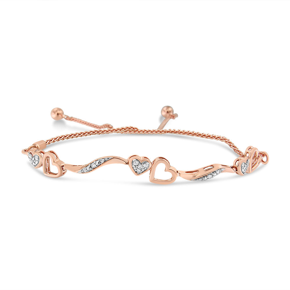 .925 Sterling Silver 1/10 Cttw Diamond Wave and Hearts 4”-10” Adjustable Bolo Bracelet (I-J Color, I3 Clarity)-1
