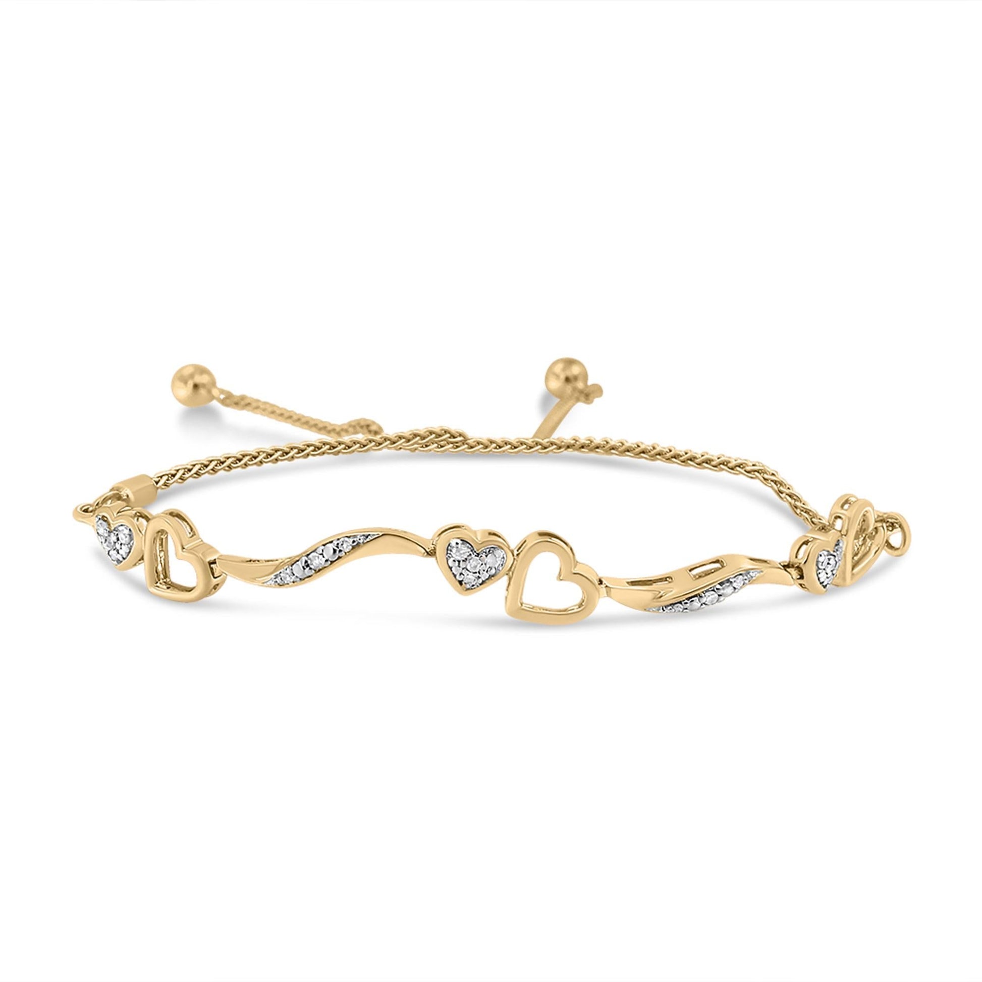 .925 Sterling Silver 1/10 Cttw Diamond Wave and Hearts 4”-10” Adjustable Bolo Bracelet (I-J Color, I3 Clarity)-0