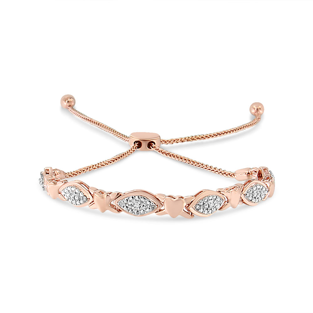 .925 Sterling Silver Diamond Accent Alternating Marquise Shape and Heart Links Bolo Bracelet (I-J Color, I3 Clarity) - Adjustable 6" to 9"-1