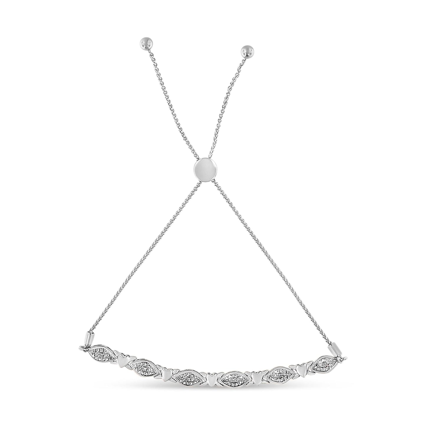 .925 Sterling Silver Diamond Accent Alternating Marquise Shape and Heart Links Bolo Bracelet (I-J Color, I3 Clarity) - Adjustable 6" to 9"-3
