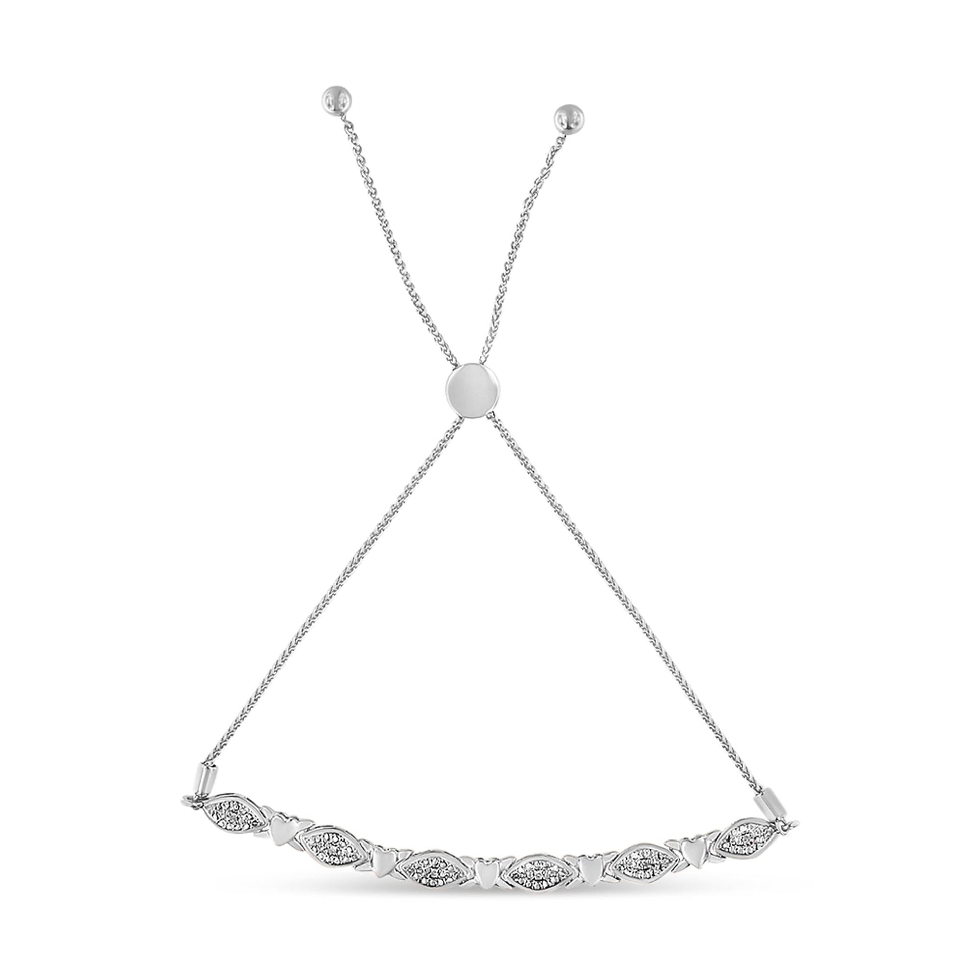 .925 Sterling Silver Diamond Accent Alternating Marquise Shape and Heart Links Bolo Bracelet (I-J Color, I3 Clarity) - Adjustable 6" to 9"-3