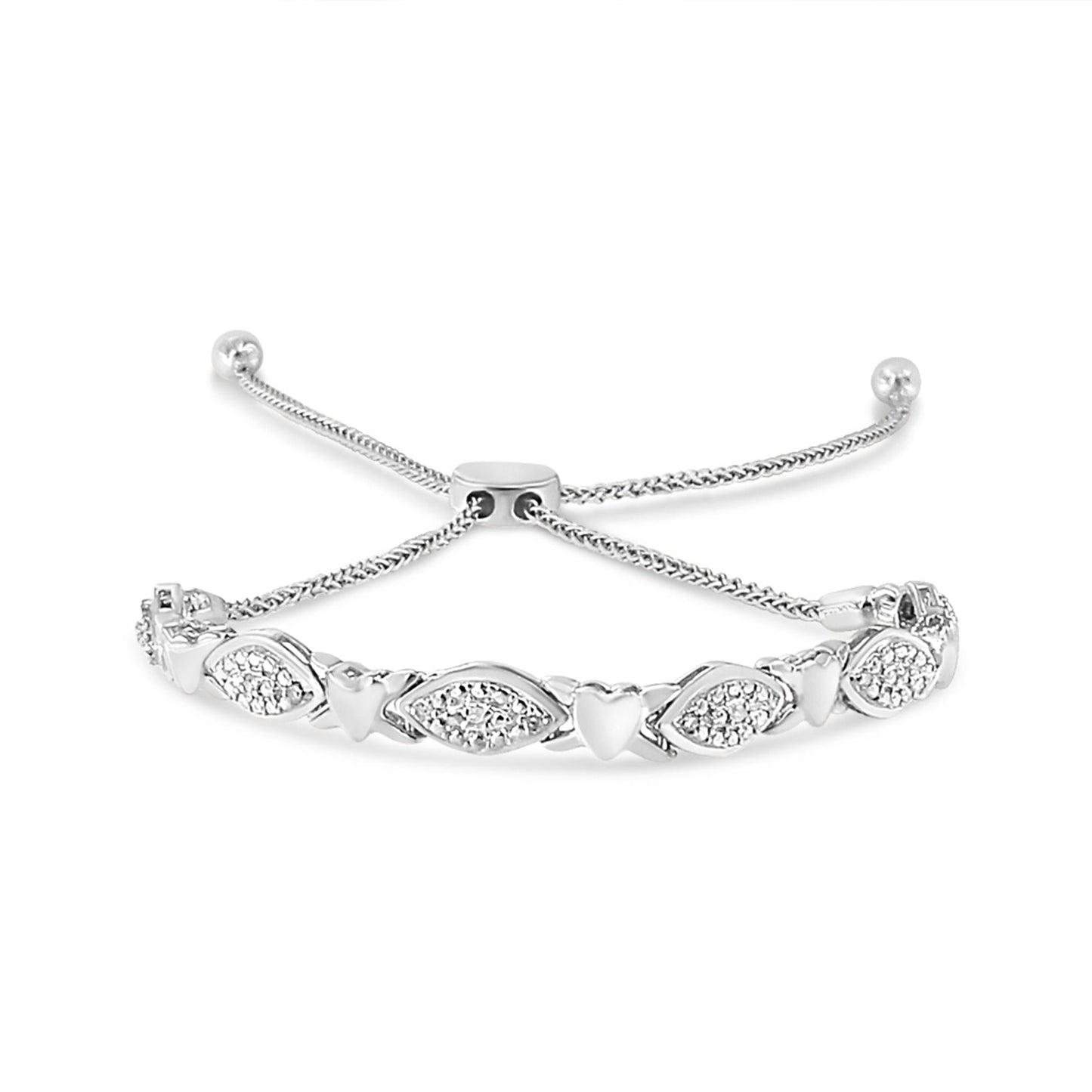 .925 Sterling Silver Diamond Accent Alternating Marquise Shape and Heart Links Bolo Bracelet (I-J Color, I3 Clarity) - Adjustable 6" to 9"-0