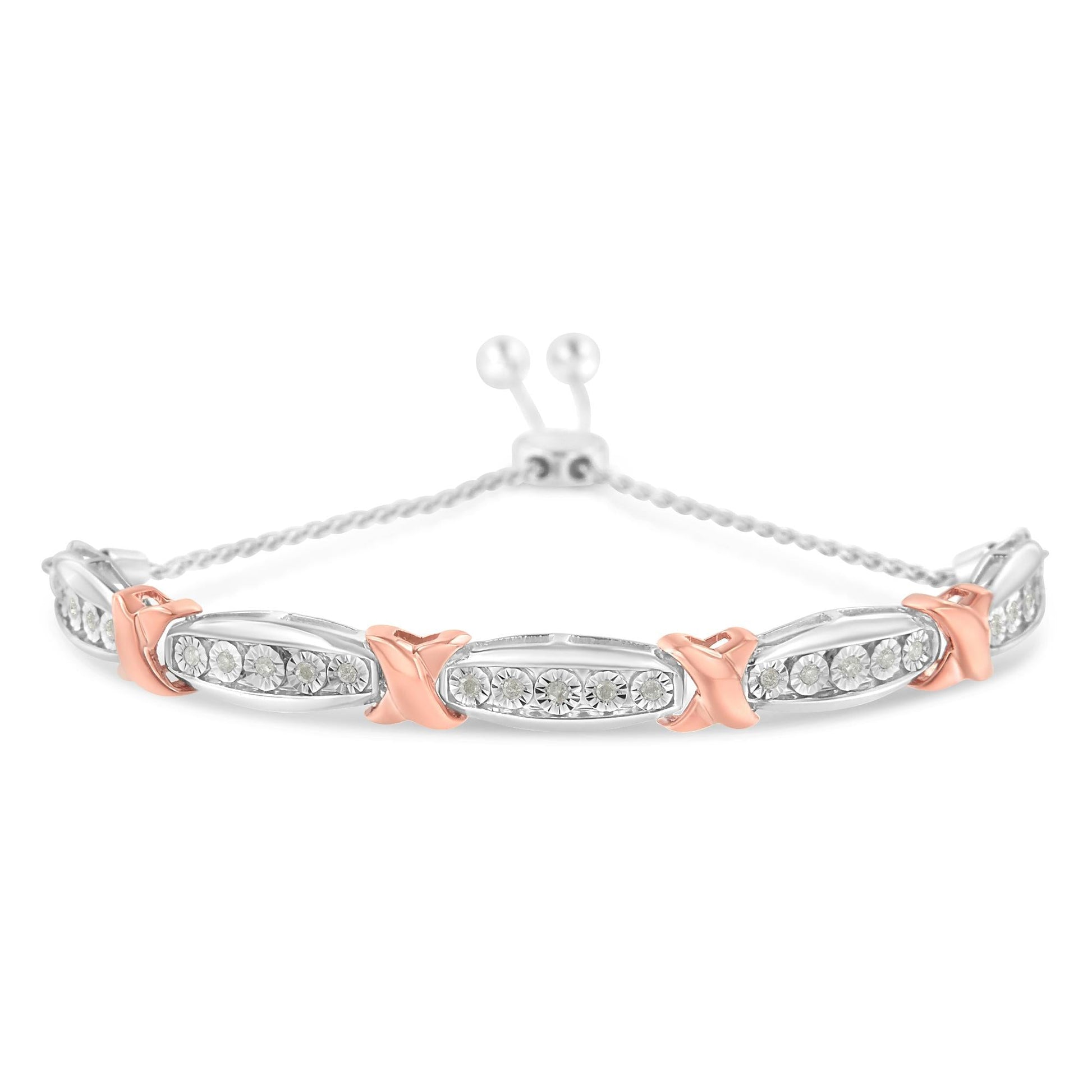 .925 Sterling Silver 1/4 Cttw Round-Cut Diamond X & Tapered Bar Miracle-Set Bolo Bracelet (I-J Color, I3 Clarity) - Two Tone Rose Gold & Silver-0