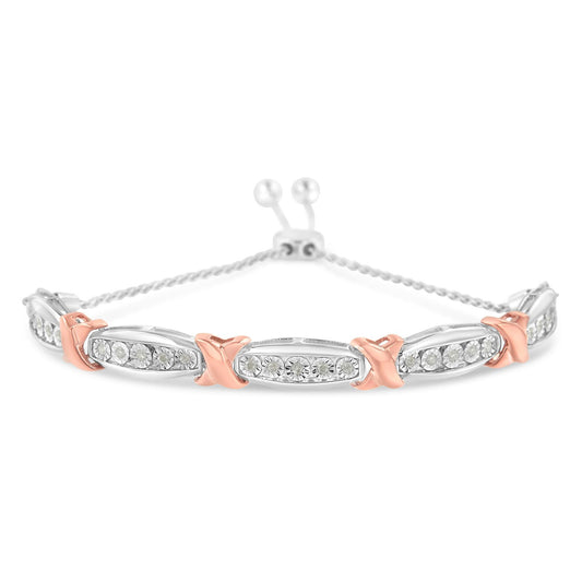 .925 Sterling Silver 1/4 Cttw Round-Cut Diamond X & Tapered Bar Miracle-Set Bolo Bracelet (I-J Color, I3 Clarity) - Two Tone Rose Gold & Silver-0