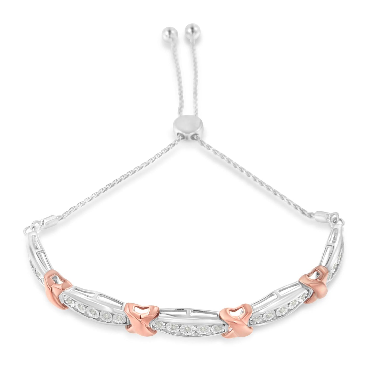 .925 Sterling Silver 1/4 Cttw Round-Cut Diamond X & Tapered Bar Miracle-Set Bolo Bracelet (I-J Color, I3 Clarity) - Two Tone Rose Gold & Silver-1