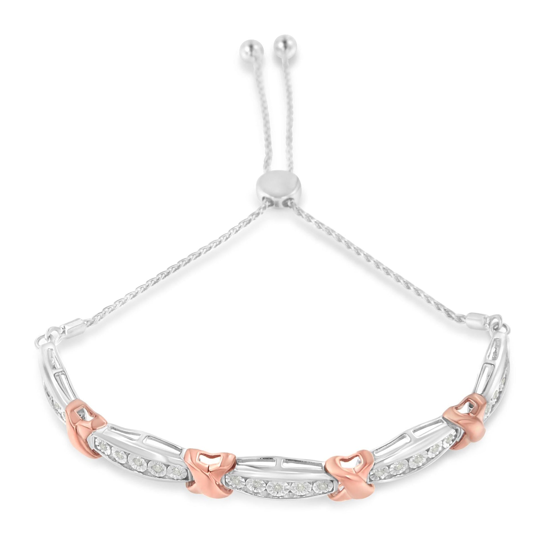 .925 Sterling Silver 1/4 Cttw Round-Cut Diamond X & Tapered Bar Miracle-Set Bolo Bracelet (I-J Color, I3 Clarity) - Two Tone Rose Gold & Silver-1