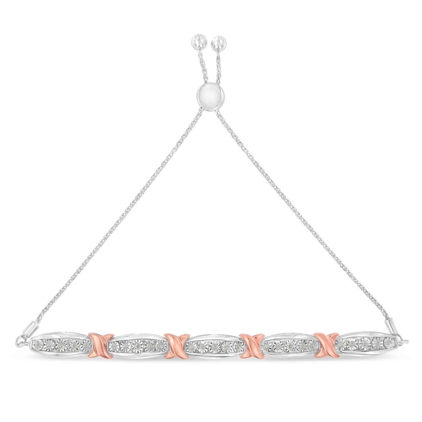 .925 Sterling Silver 1/4 Cttw Round-Cut Diamond X & Tapered Bar Miracle-Set Bolo Bracelet (I-J Color, I3 Clarity) - Two Tone Rose Gold & Silver-3