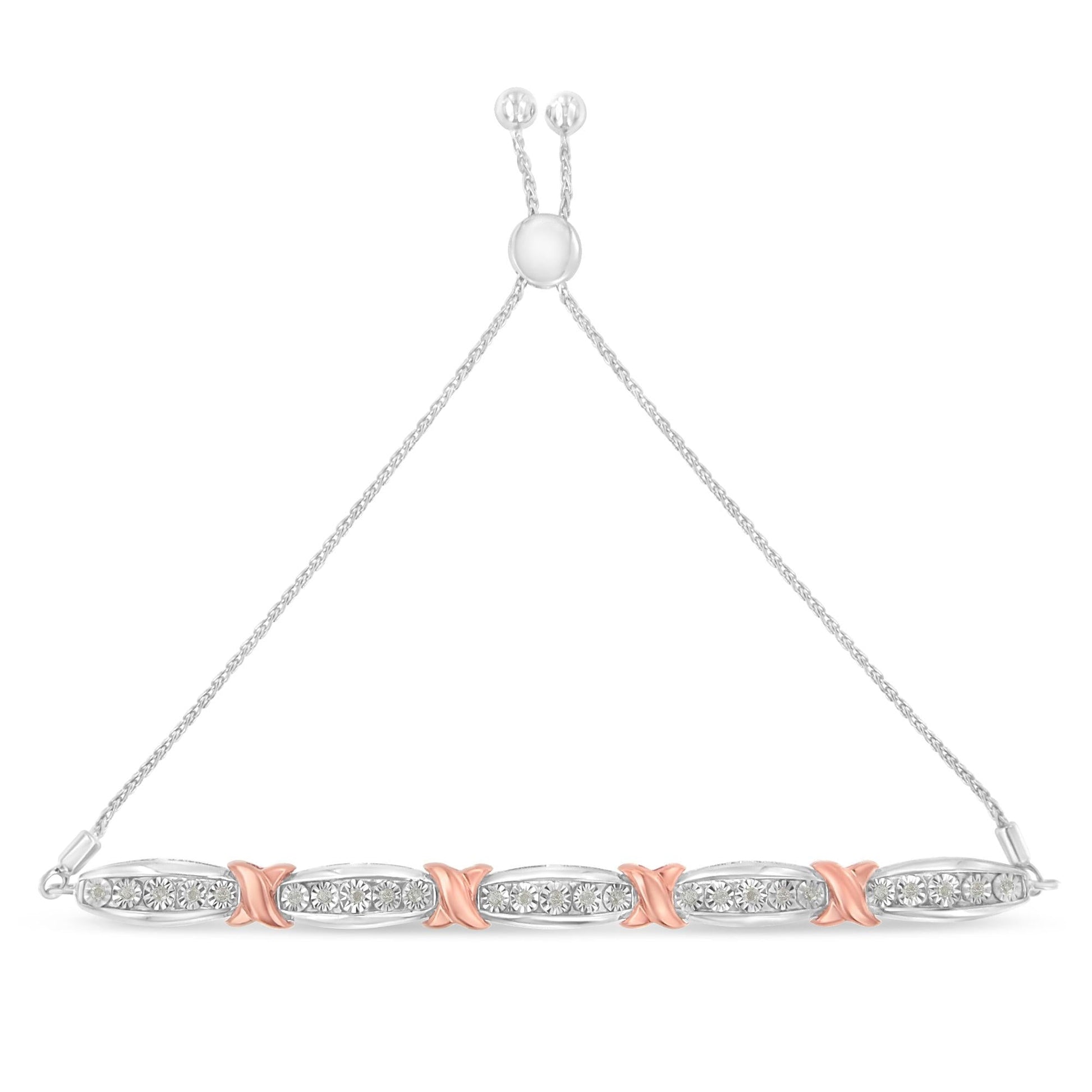 .925 Sterling Silver 1/4 Cttw Round-Cut Diamond X & Tapered Bar Miracle-Set Bolo Bracelet (I-J Color, I3 Clarity) - Two Tone Rose Gold & Silver-3