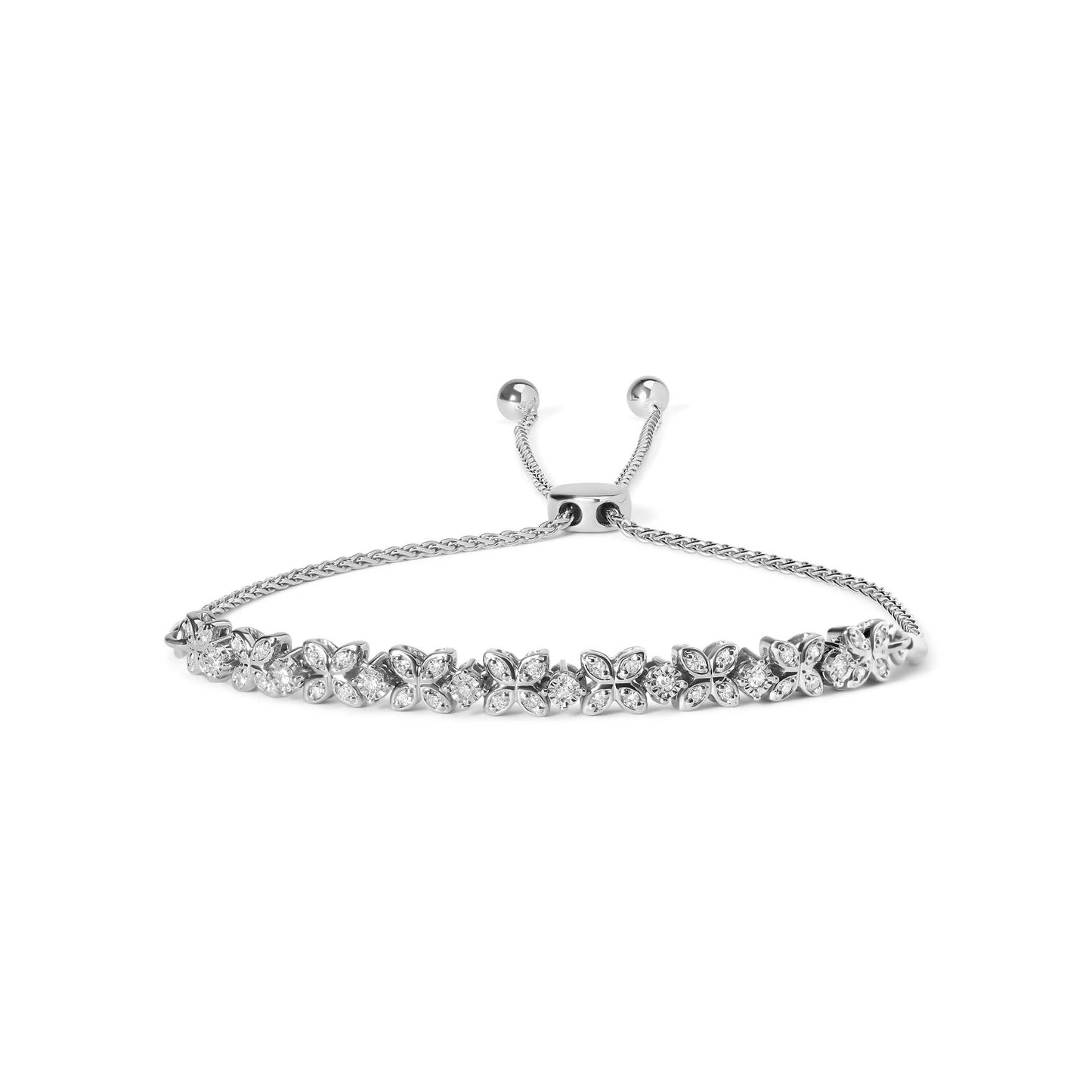 .925 Sterling Silver 1/4 Cttw Diamond Marquise Shaped Link 4"-10" Adjustable Bolo Bracelet (I-J Color, I1-I2 Clarity)-1