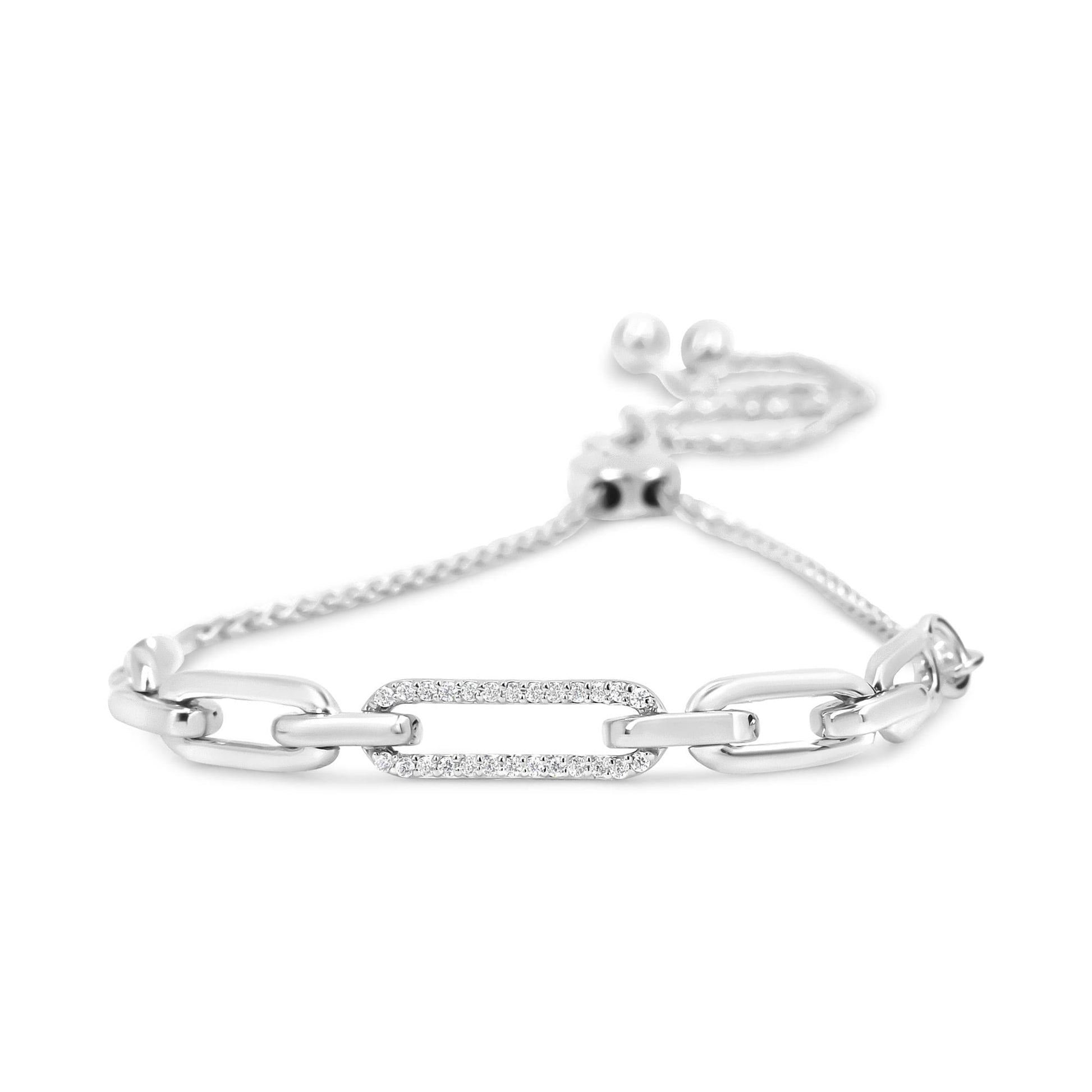.925 Sterling Silver 1/10 Cttw Diamond Paperclip Link Adjustable Bolo Bracelet (I-J Color, I2-I3 Clarity)-1