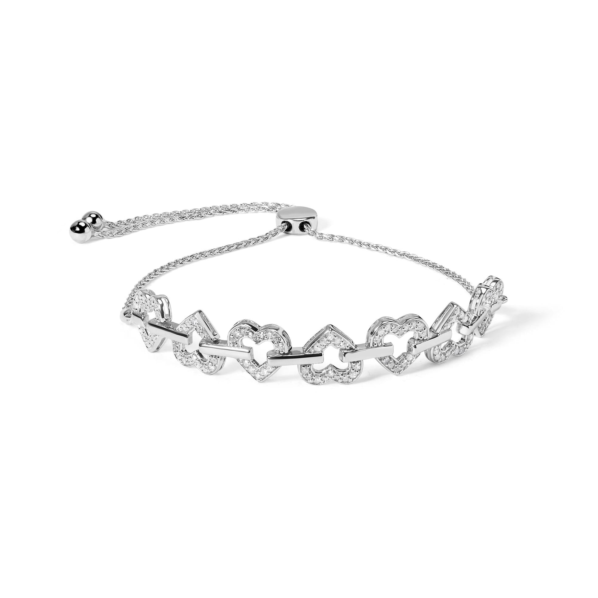 .925 Sterling Silver 1/2 Cttw Diamond Alternating Heart Link Adjustable Bolo Bracelet (I-J Color, I3 Clarity) - 4" to 10" Inches-0