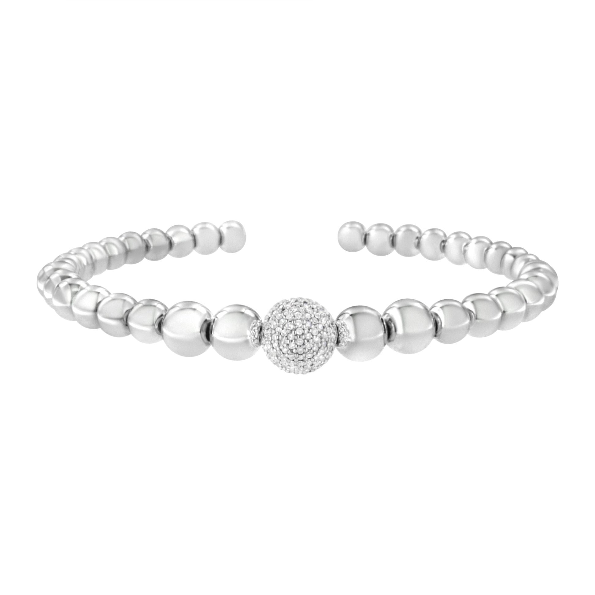 .925 Sterling Silver 1/6 Cttw Diamond Rondelle Graduated Ball Bead Cuff Bangle Bracelet (I-J color, I2-I3 clarity) - Fits wrists up to 7 1/2 inches-3