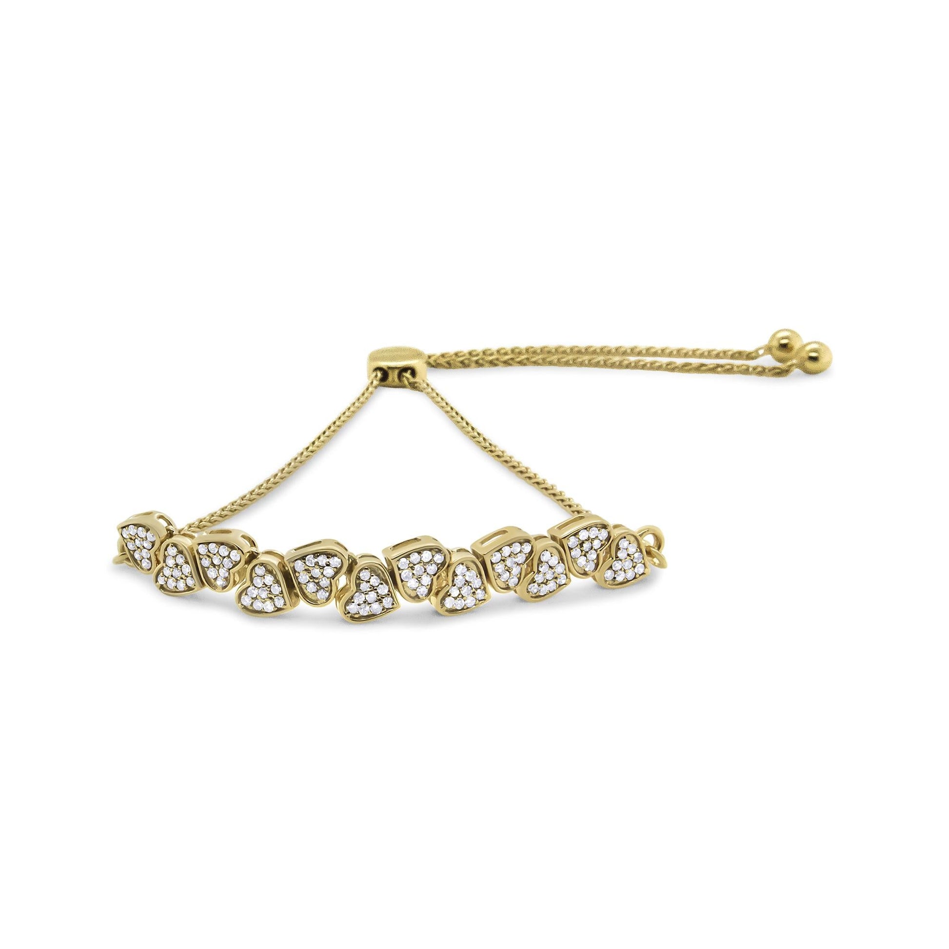 Yellow Gold Plated .925 Sterling Silver 1/2 Cttw Diamond Sideways Hearts Bolo Bracelet (H-I Color, I1-I2 Clarity) - 4”-10” Adjustable-0