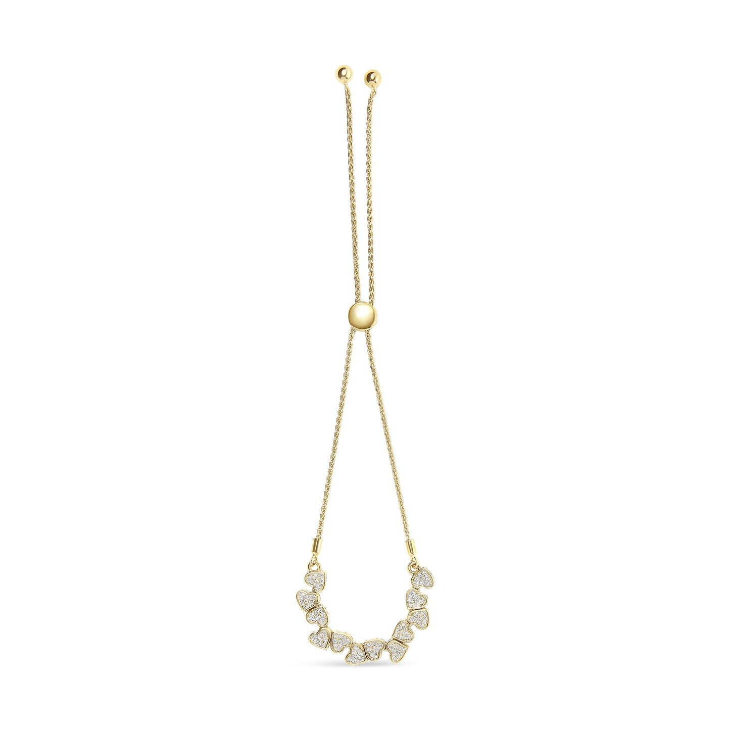 Yellow Gold Plated .925 Sterling Silver 1/2 Cttw Diamond Sideways Hearts Bolo Bracelet (H-I Color, I1-I2 Clarity) - 4”-10” Adjustable-1