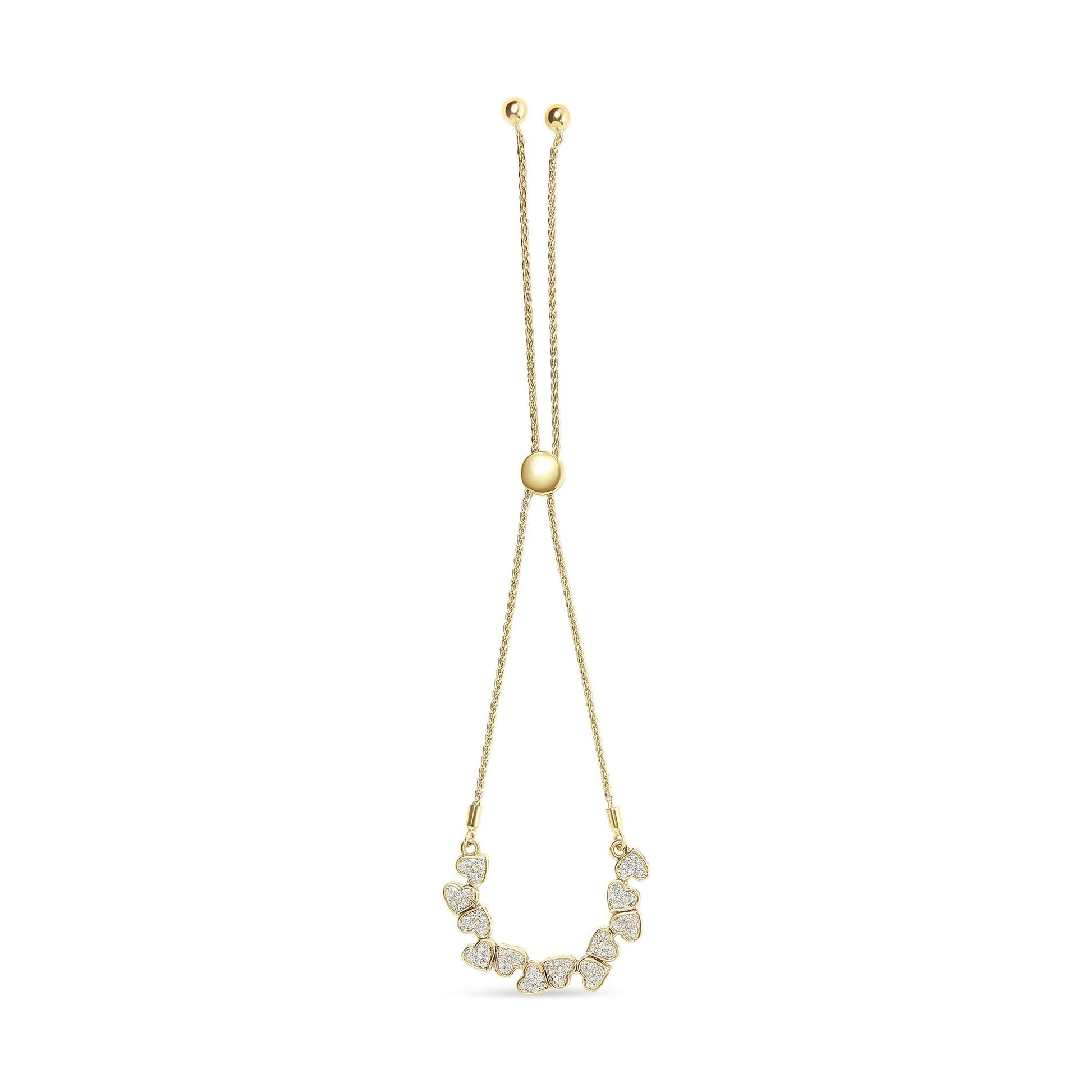 Yellow Gold Plated .925 Sterling Silver 1/2 Cttw Diamond Sideways Hearts Bolo Bracelet (H-I Color, I1-I2 Clarity) - 4”-10” Adjustable-1