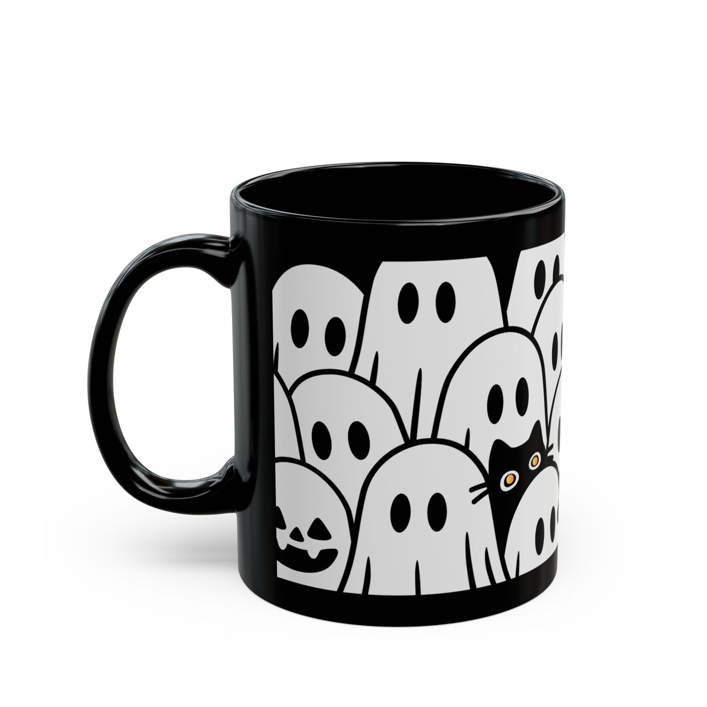 Halloween Ghosts Black Mug - Spooky Coffee Cup, Cute Mug for Halloween, Ghost Lovers, Unique Gift, 11oz & 15oz options