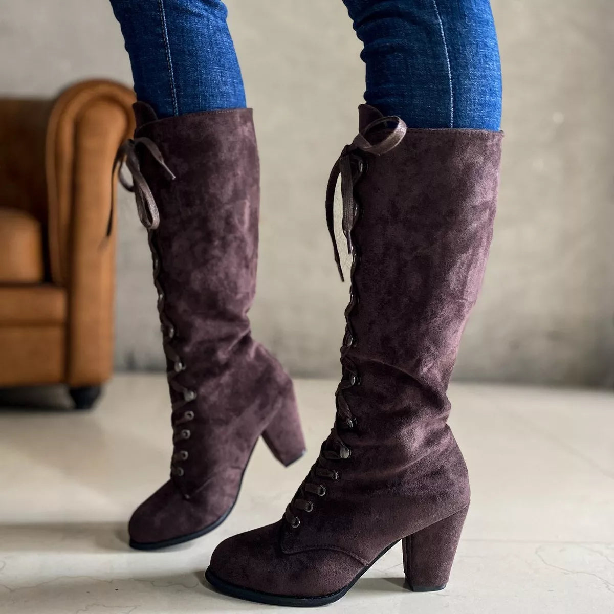 Lace Up Block Heels Boots
