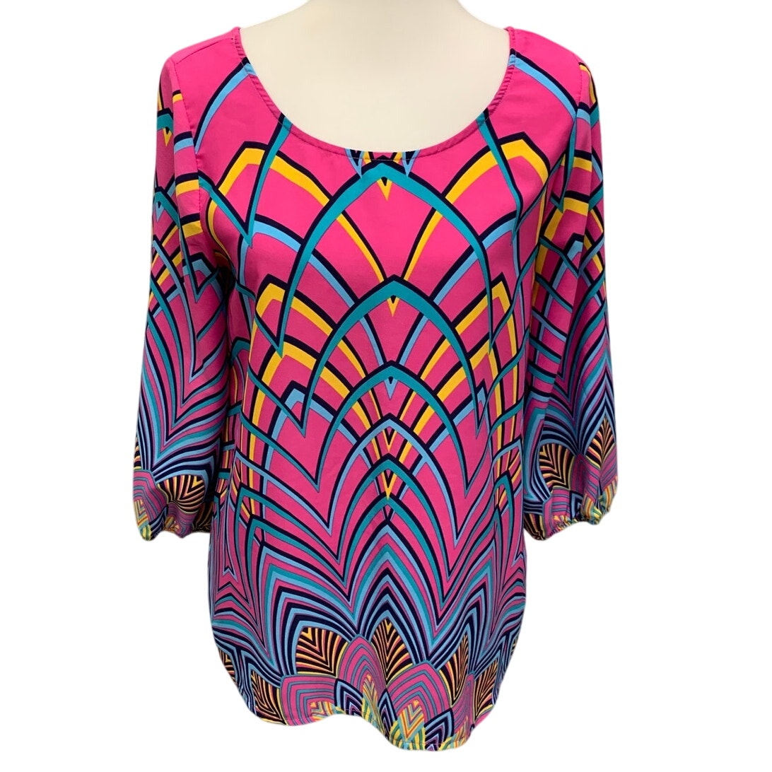 Pink Owl Womens Medium 100% Polyester Art Deco Pattern Blouson Sleeve Blouse