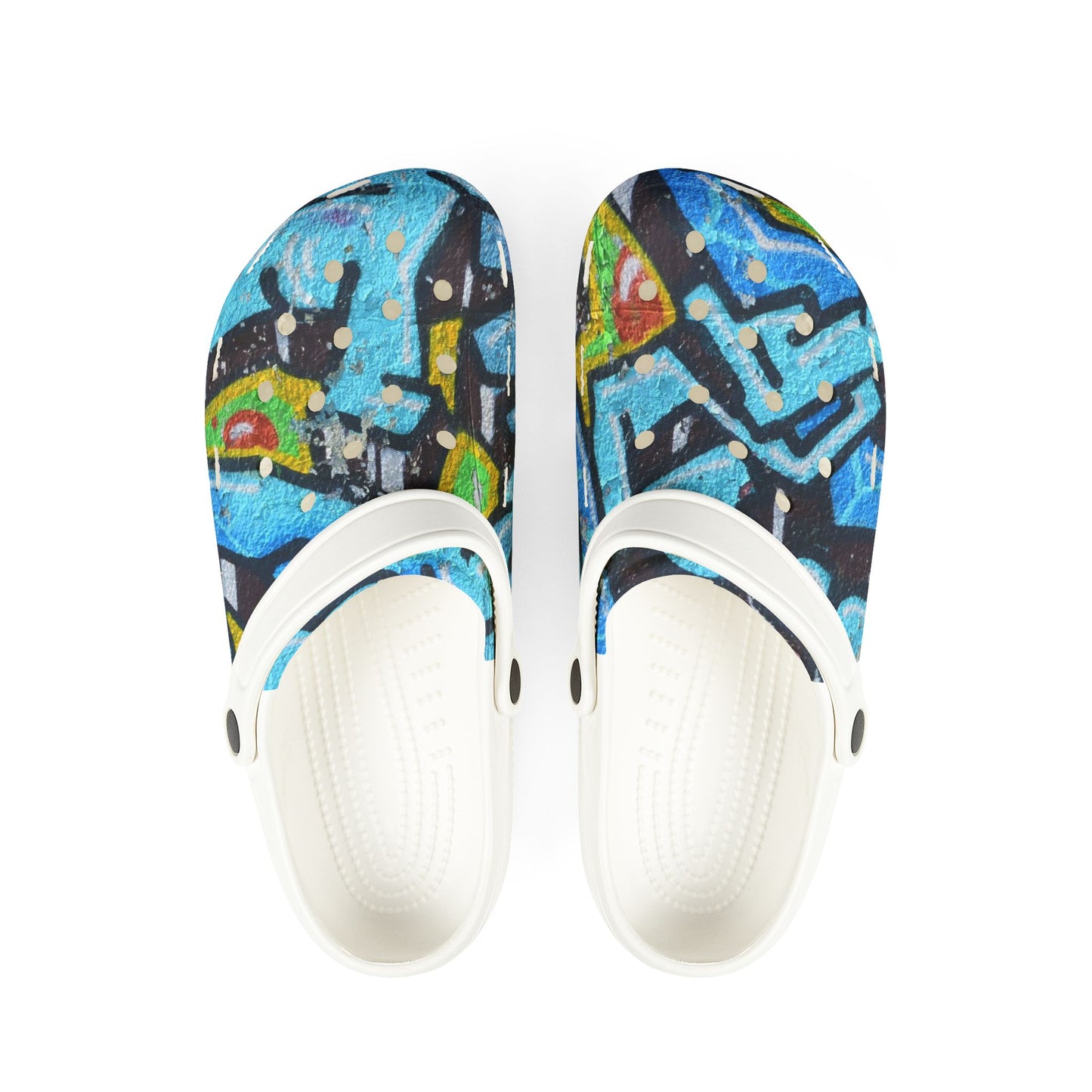 Graffiti Painted Cityscape EVA Clogs — Artistic Blue Graphic Foam Slip‑Ons