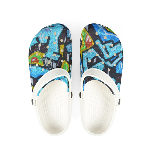 Graffiti Painted Cityscape EVA Clogs — Artistic Blue Graphic Foam Slip‑Ons