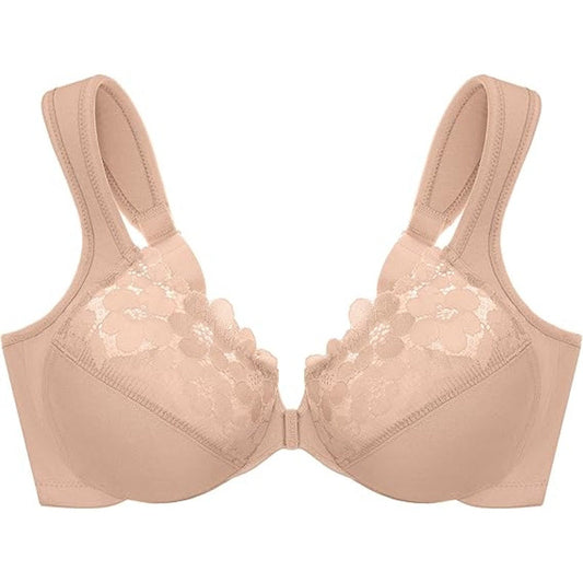 New Glamorise Womens Size 38DD Unlined Underwire Floral Lace Front Closure Bra
