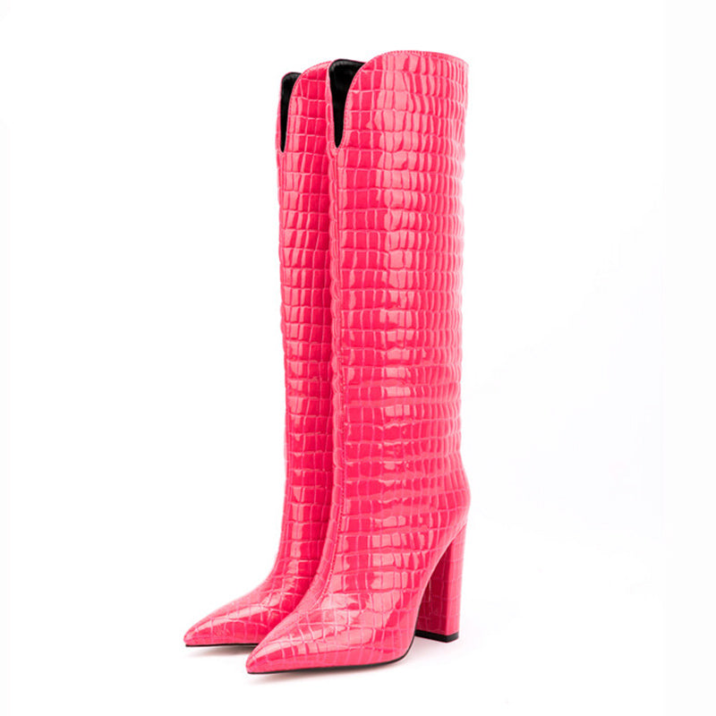Women's Shoes New Autumn Square High Heel Pointed Toe Black Beige Dress Party Female Knee High Boots Big Size 34-43