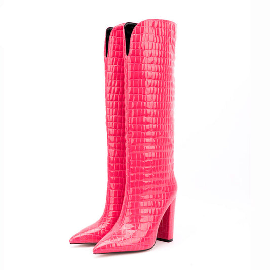 Women's Shoes New Autumn Square High Heel Pointed Toe Black Beige Dress Party Female Knee High Boots Big Size 34-43