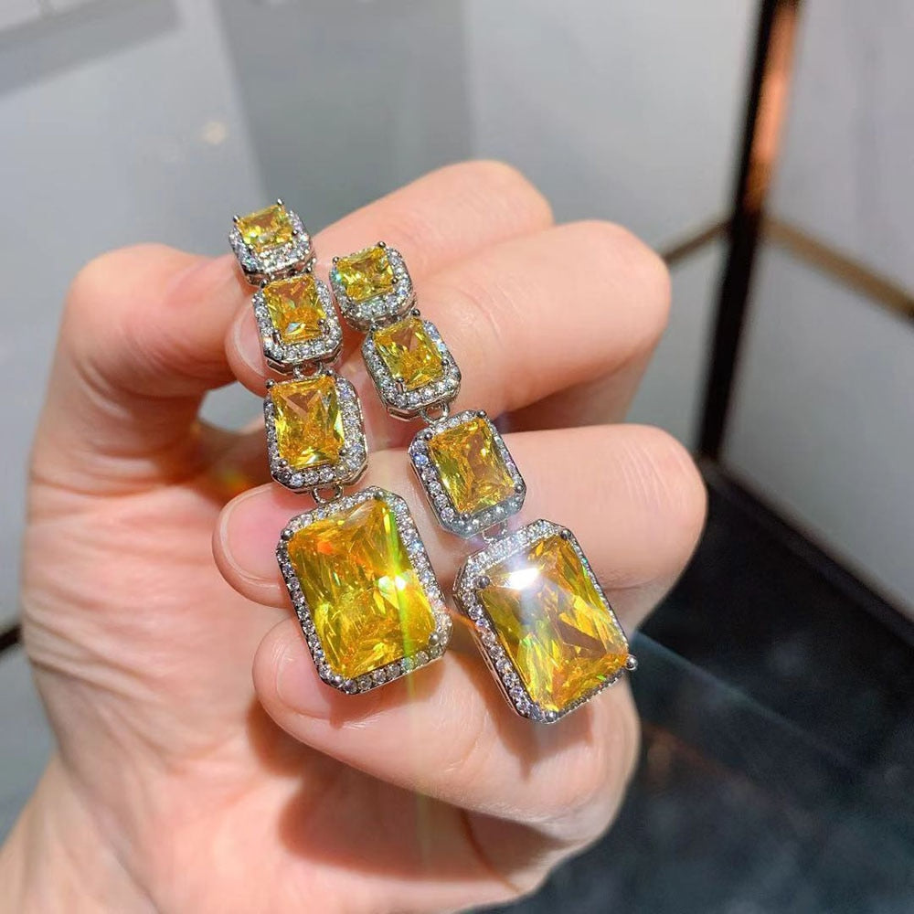 New Luxury Topaz High Carbon Diamond Drop Dangle Earrings Vintage Wedding Engagement Fine Jewelry Gift for Women