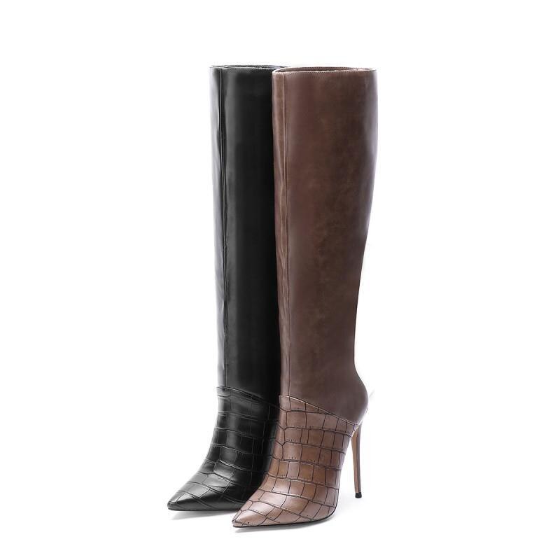 Fall Fashion Women Party Shoes Royal Blue Sexy Stone Pattern Stiletto Heel Boots Big Size 45 Pointy Toe Knee High Long Boots