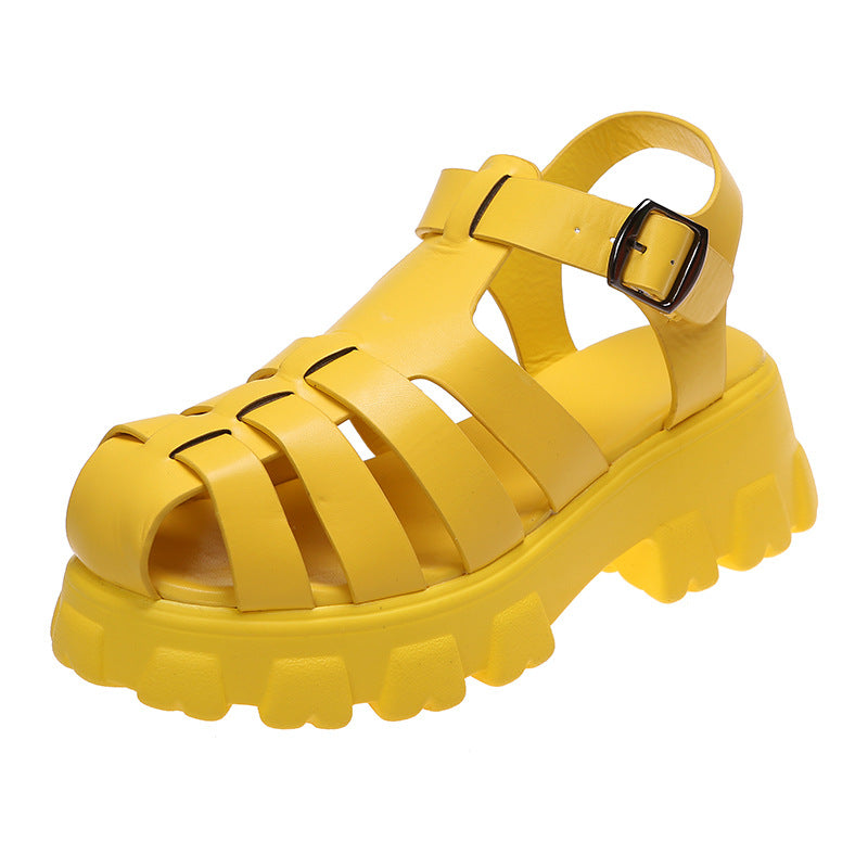 Roman Women's Sandals New Summer Breathable Toe Head Thick Bottom Hollow Buckle Sandals And Slippers