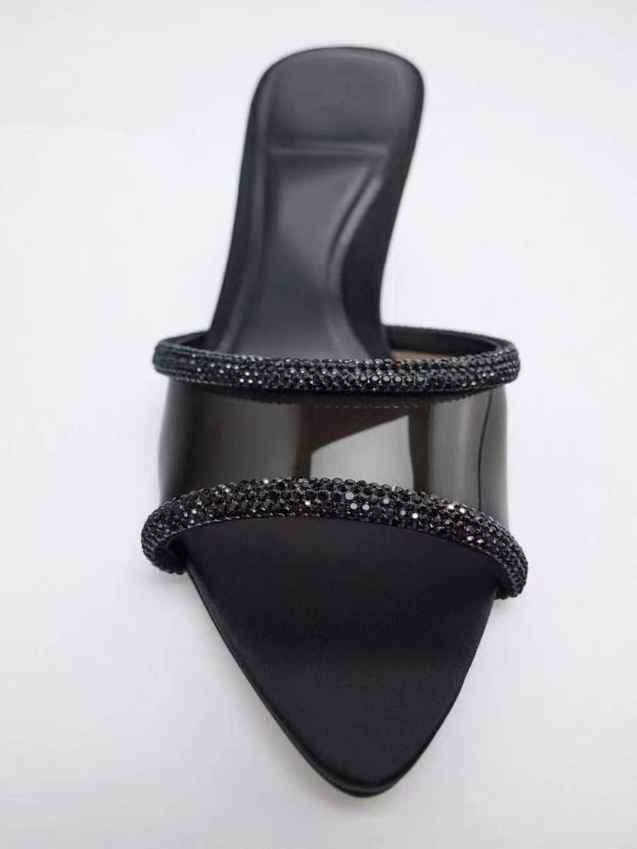 Women's Mules Sandals Rhinestone Black Slingback Heel Sandals Ladies Heeled Sandals