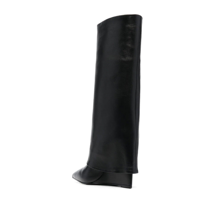 New Fashion Wedge Knee Boots for Women Autumn Elegant Pointed Pleated High Heel Banquet Ankle Boats