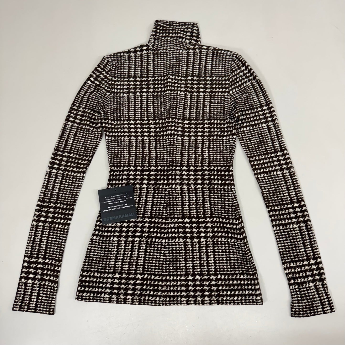 NORMA KAMALI Front Zip Slim Fit Turtle Top Women's Sz XS/34 Chocolate Plaid Tweed