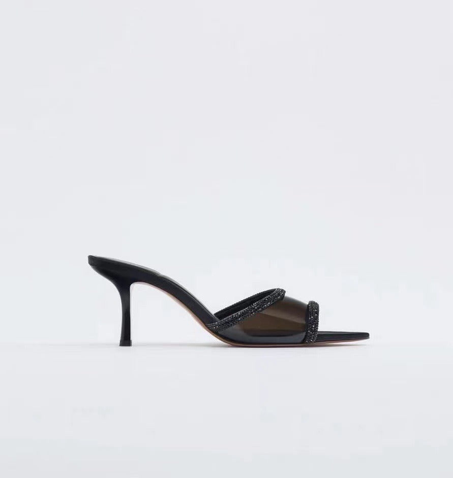 Women's Mules Sandals Rhinestone Black Slingback Heel Sandals Ladies Heeled Sandals