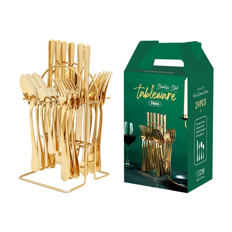Stainless steel tableware 24 pieces set Western steak knife fork spoon restaurant hotel with storage rack gift box