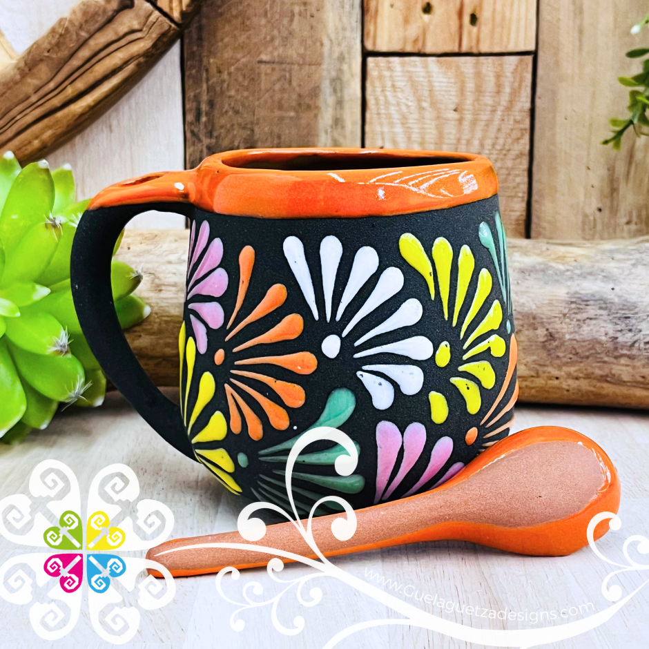 Orange With Multicolor Clay Mug with Spoon - Taza Espiga con Cuchara