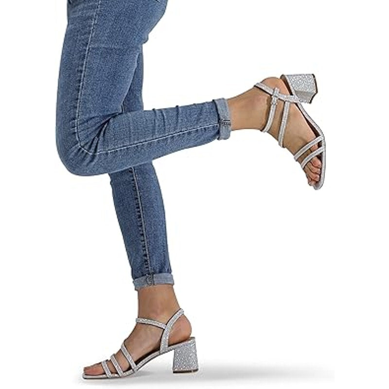 Mysoft Womens Size 9 Silver Glitter 2.5" Block Heel Open Toe Ankle Strap Shoes