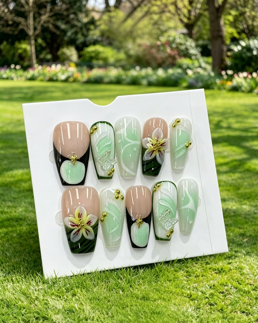 Handmade Mint Floral Press On Fake Nails