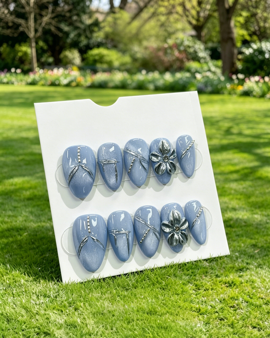 Blue Press On Nails Silver 3D Flower Design Fake Nails Glossy False Nails with Rhinestones Reusable Glue On Nails for Women Girls 24Pcs Almond Shape Medium Length Nail Art Accessories

Handmade Blue Press On Nails Silver Chrome 3D Flower False Nails Gloss