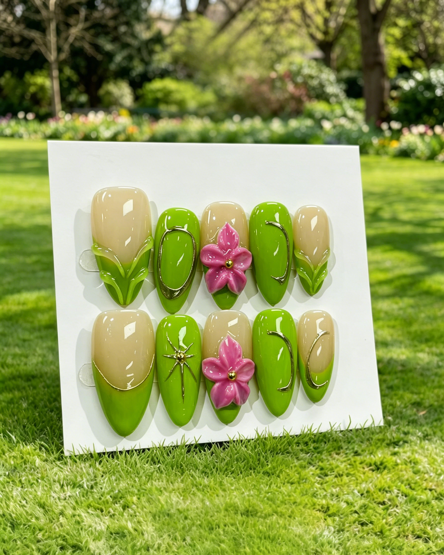 Green 3D Floral Almond Press On False Nails