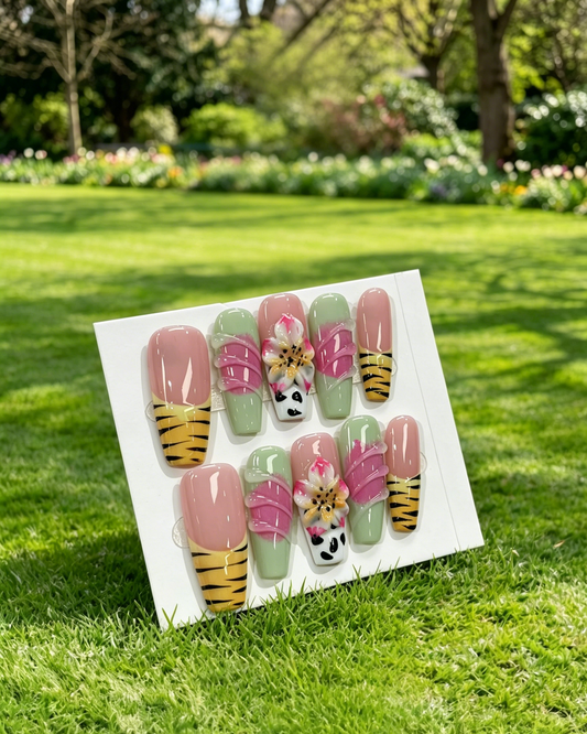 Handmade Press On Nails Tiger Lily Flower Design 24pcs Glossy False Nails Reusable Nail Art Tips with Glue Stickers for Women Girls Gift Party Daily Wear Medium Long Coffin Shape Acrylic Fake Nails Custom Nail Decorations Spring Summer Style Animal Print