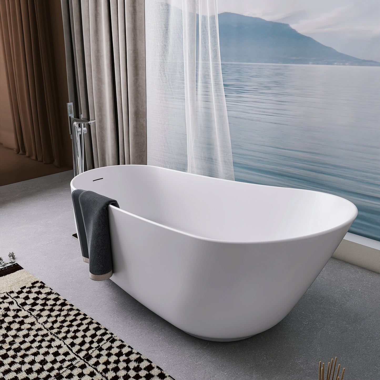 67 Inch Solid Surface Oval Shape Soaking Bathtub