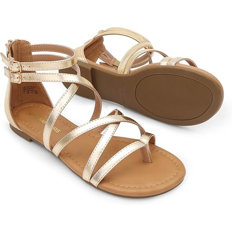 Dream Pairs Womens 10 Shiny Gold Open Toe Ankle Strap Gladiator Flat Sandals