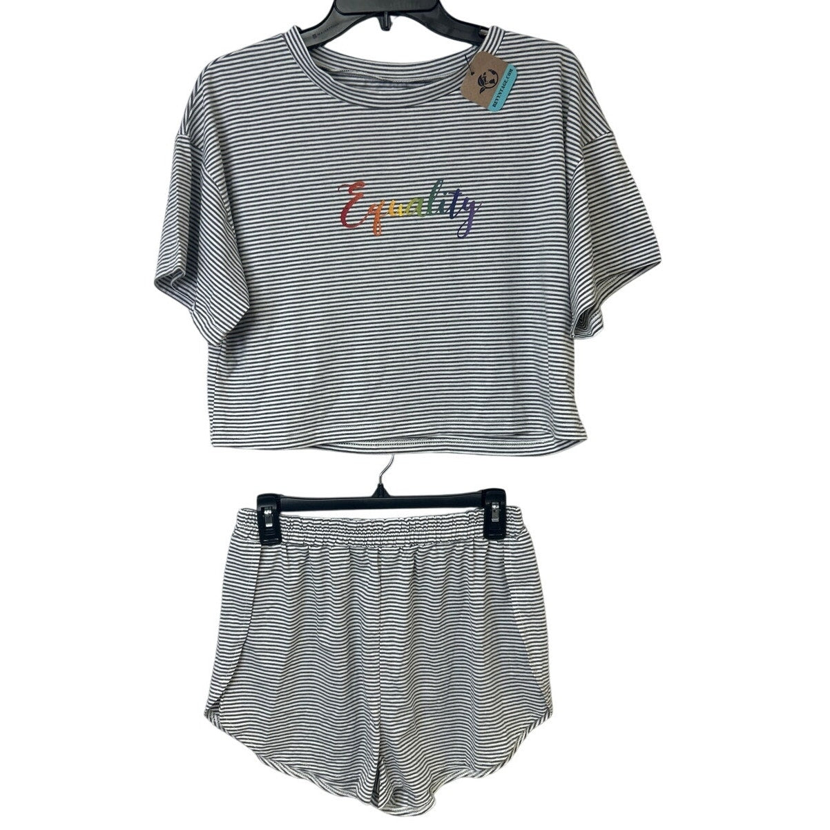 Upcycled Hand Printed Womens Large Rainbow Equality Pajama Tee Shirt Shorts