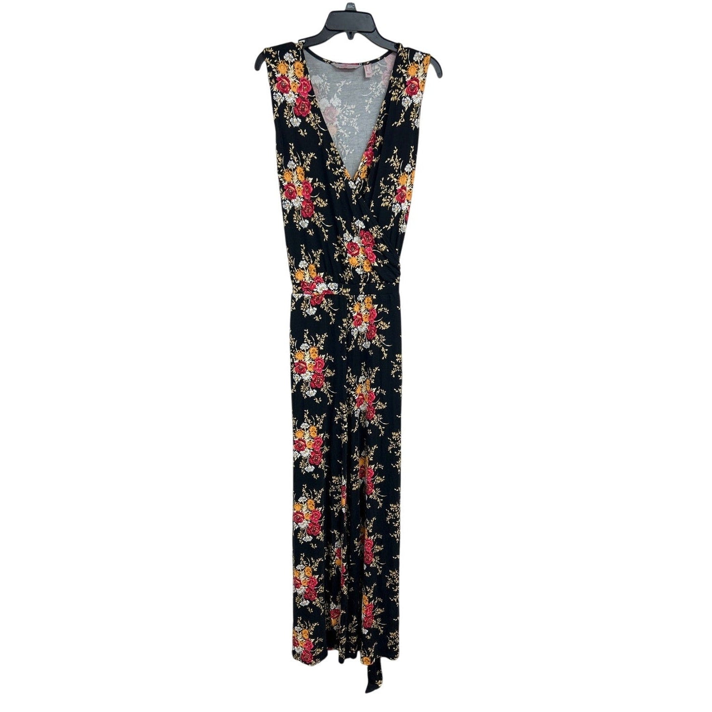 Laurie Felt Womens Medium Black Deep V Floral Sleeveless Jumpsuit w Tie Belt