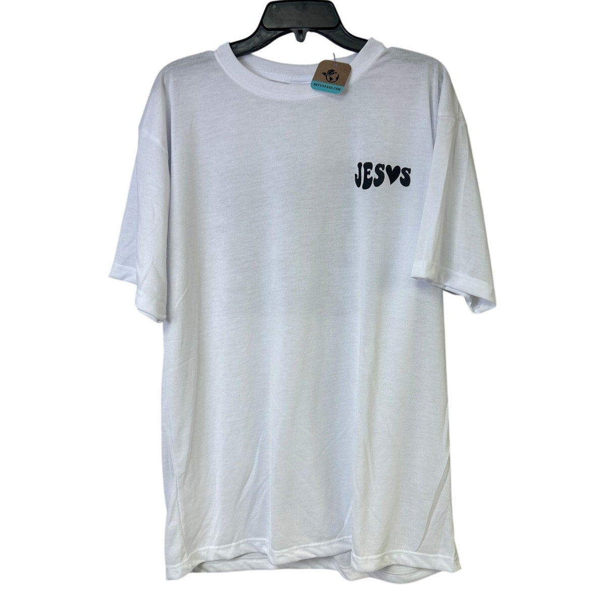 New Hand Printed Mens XL White Jesus Has My Back Short Sleeve Crew Tee Shirt