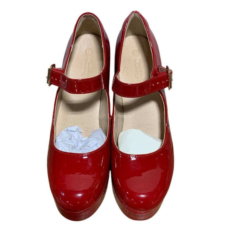 Coutgo Womens Size 9 Red 4" Heels Mary Jane Round Closed Toe Buckle Strap Shoes