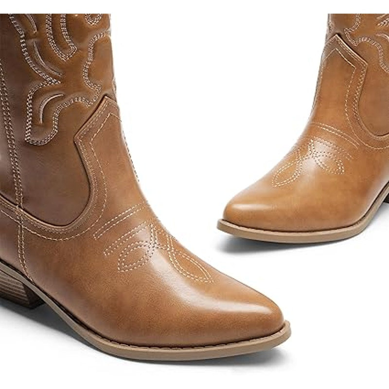 Dream Pairs Womens 10 Brown Faux Leather 2" Heel Western Pull On Cowboy Boots